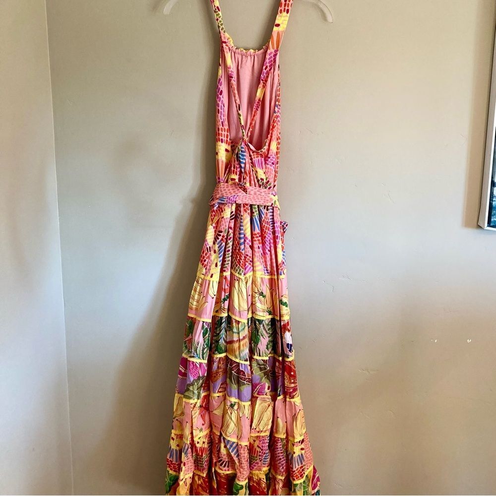 NEW FARM Rio Mixed Pink Prints Maxi Dress Fruit Tiered Crossback Belt Size L - Picture 12 of 16